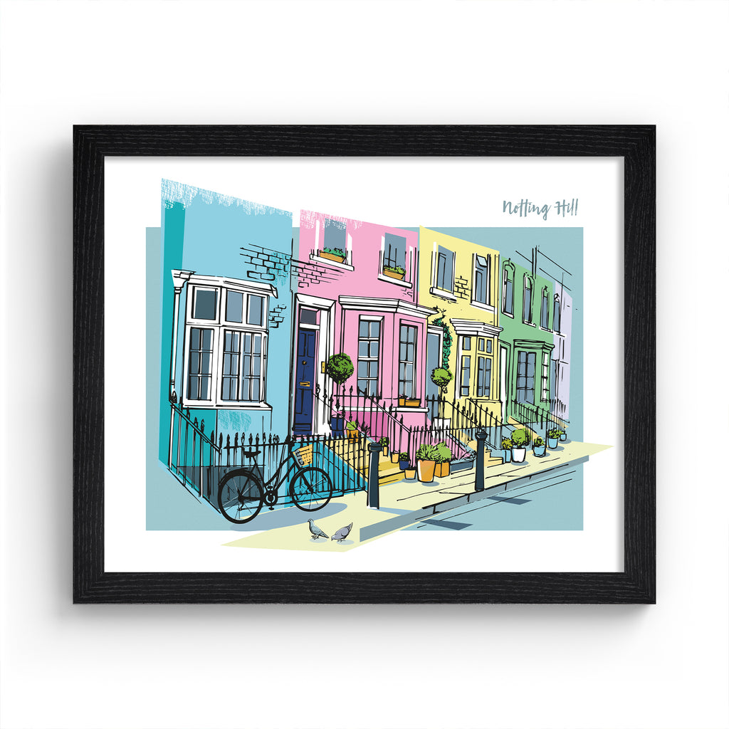 Vibrant travel art print featuring the colourful street of Notting Hill in London, amidst a brightly coloured background of pink, blue, yellow and green. The title in the top right hand corner reads 'Notting Hill'. Art print is in a black frame.