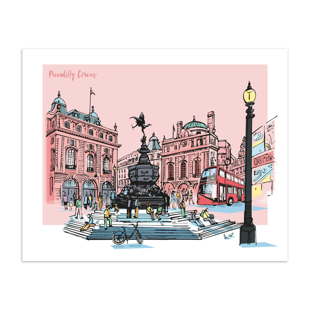 Vibrant travel art print featuring a detailed illustration of Picadilly Circus in London, in front of a pale pink background. Title in top left hand corner reads 'Piccadilly Circus'.