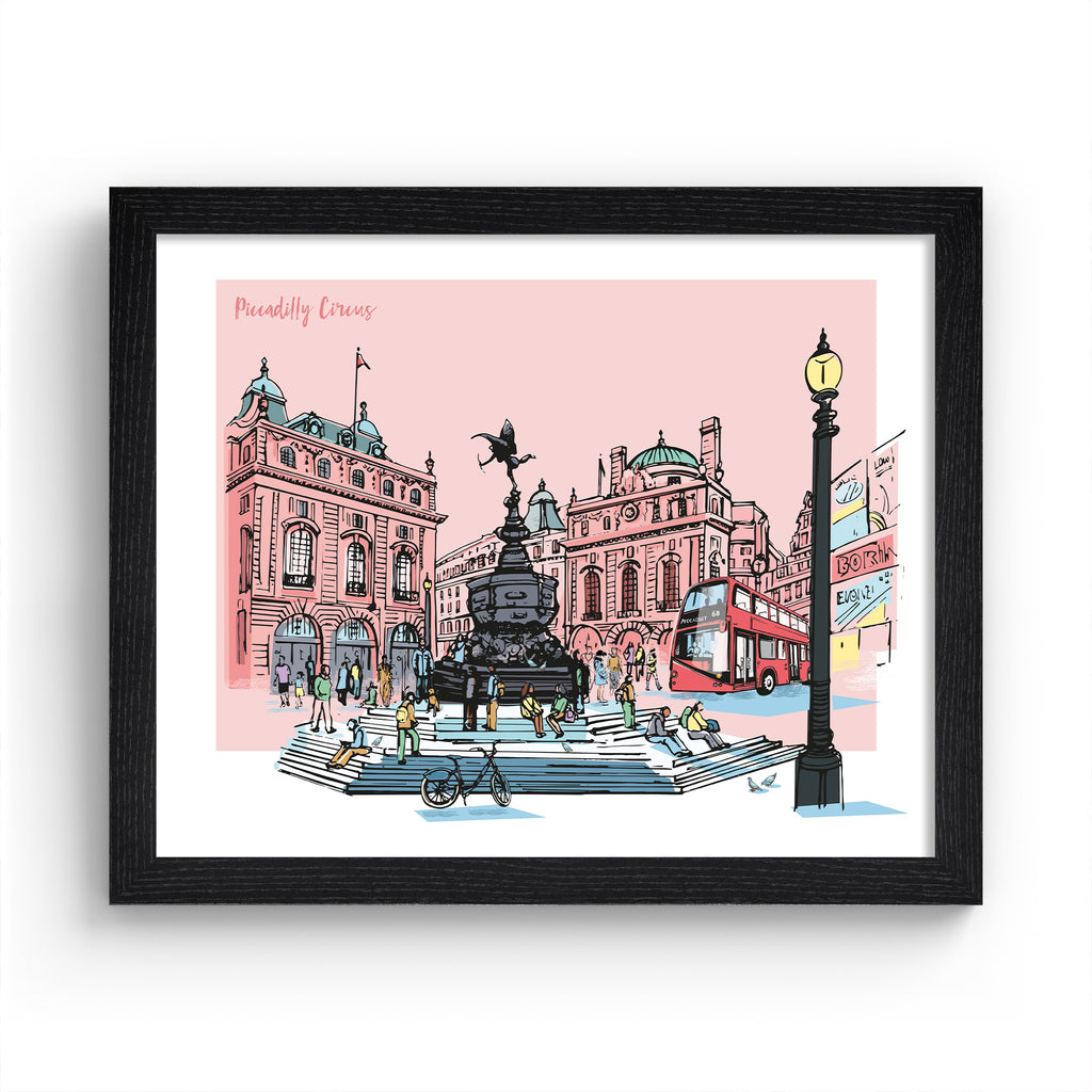 Vibrant travel art print featuring a detailed illustration of Picadilly Circus in London, in front of a pale pink background. Title in top left hand corner reads 'Piccadilly Circus'. Art print is in a black frame.