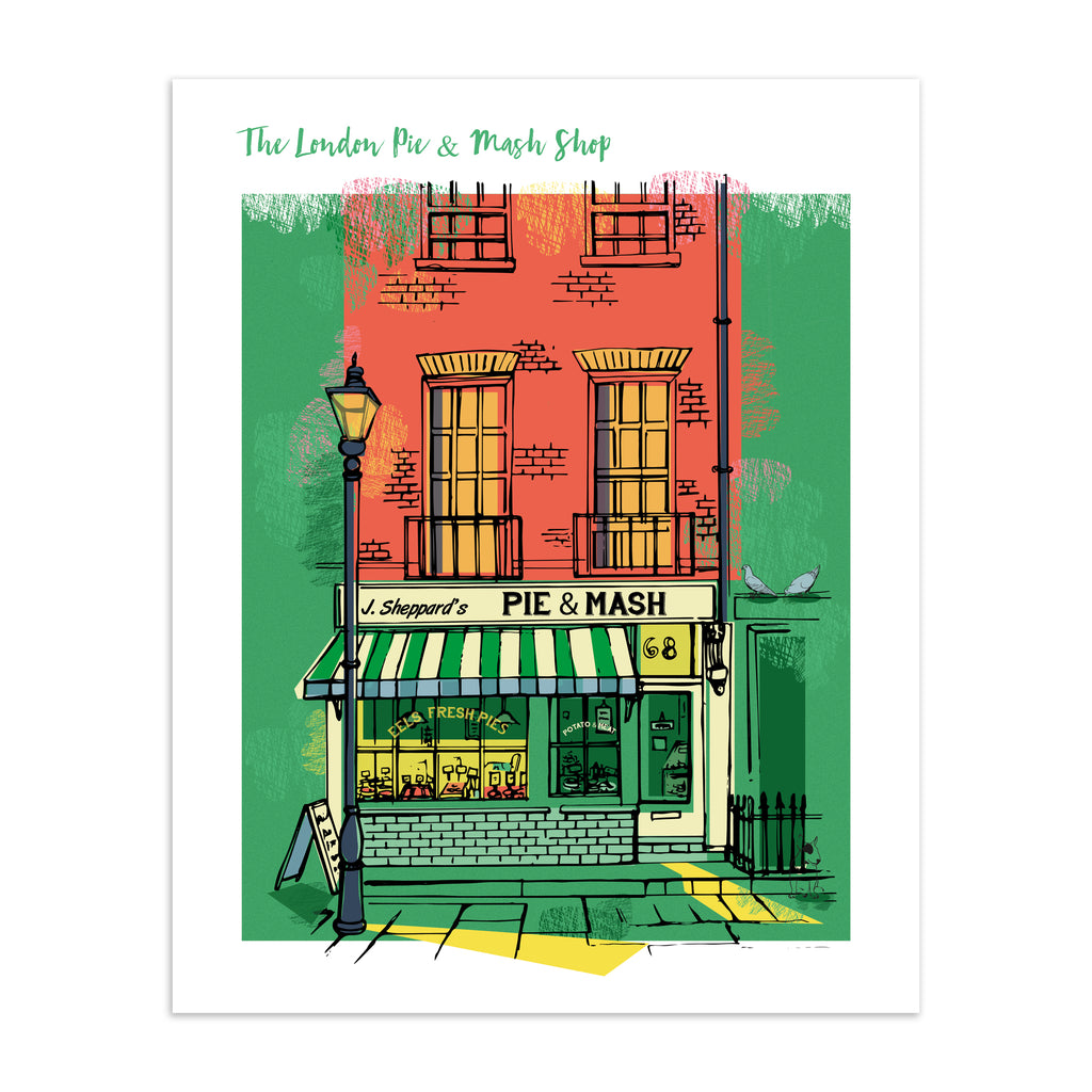 Vibrant travel art print featuring the London Pie & Mash Shop, amidst a bright orange and green background. Title at the top reads 'The London Pie & Mash Shop'.