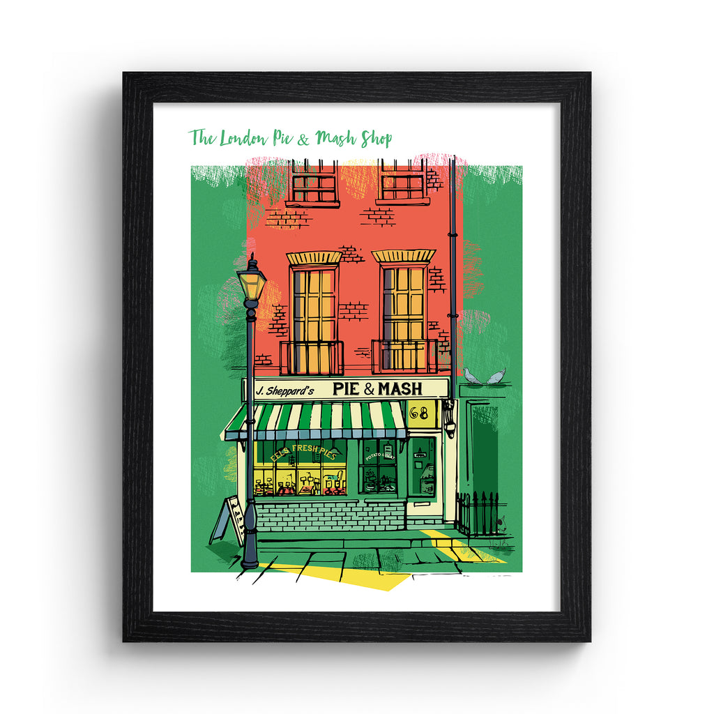 Vibrant travel art print featuring the London Pie & Mash Shop, amidst a bright orange and green background. Title at the top reads 'The London Pie & Mash Shop'. Art print is in a black frame.