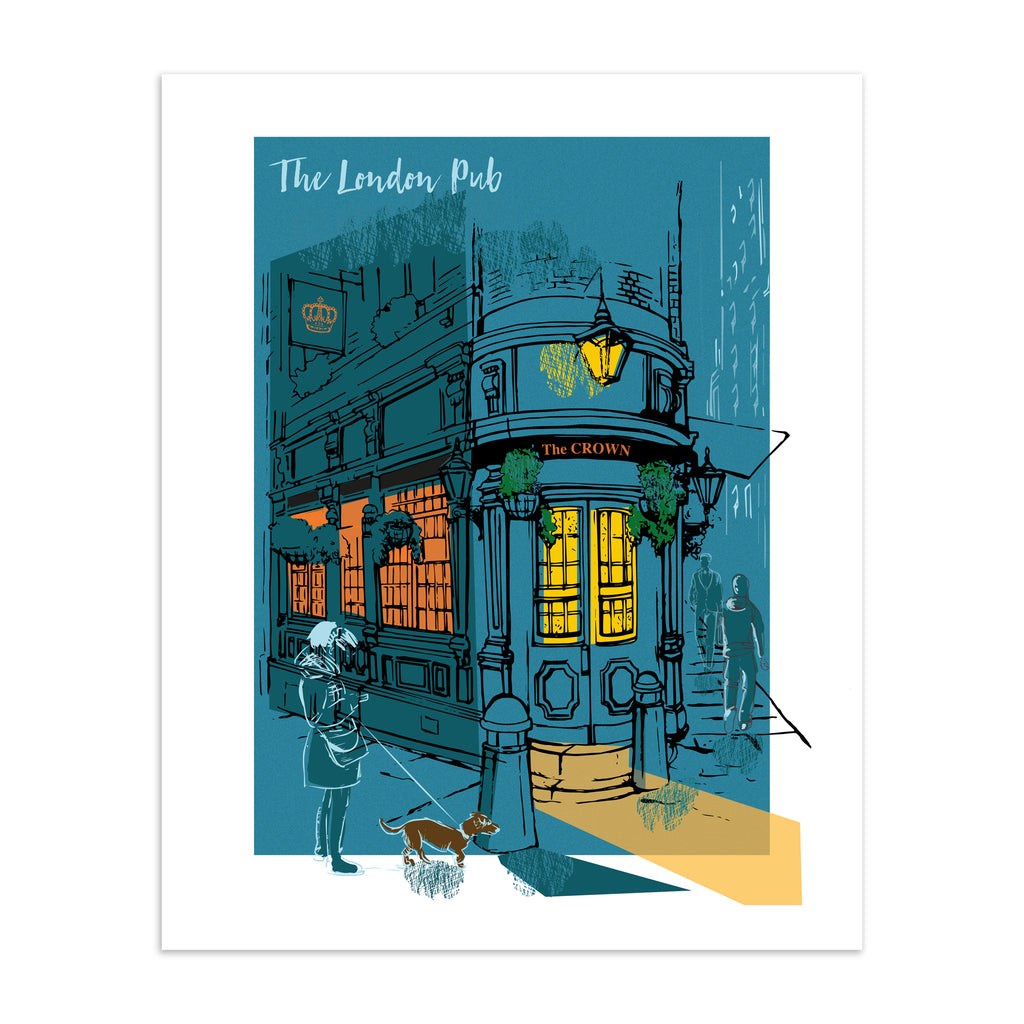 Vibrant travel art print featuring The London Pub, bathed in a dark blue and amber background. Title at the top reads 'The London Pub'.