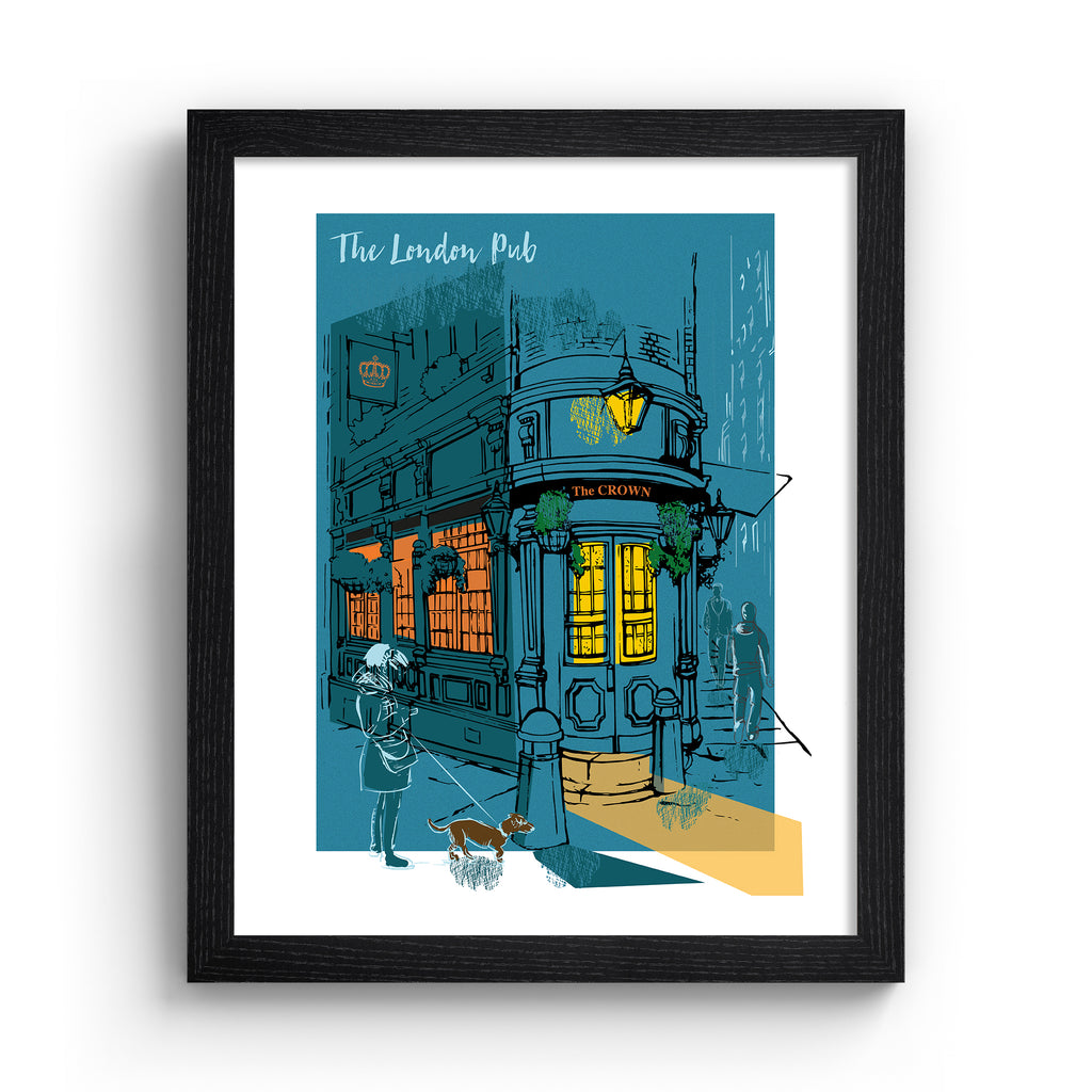 Vibrant travel art print featuring The London Pub, bathed in a dark blue and amber background. Title at the top reads 'The London Pub'. Art print is in a black frame.