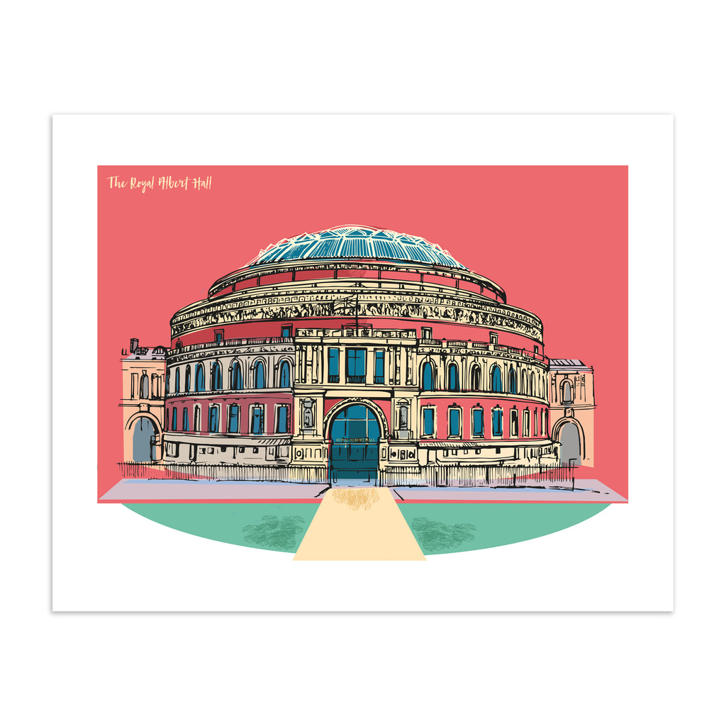 Vibrant travel art print featuring The Royal Albert Hall in London, in front of a bright pink background. Title in the top left reads ' The Royal Albert Hall'.
