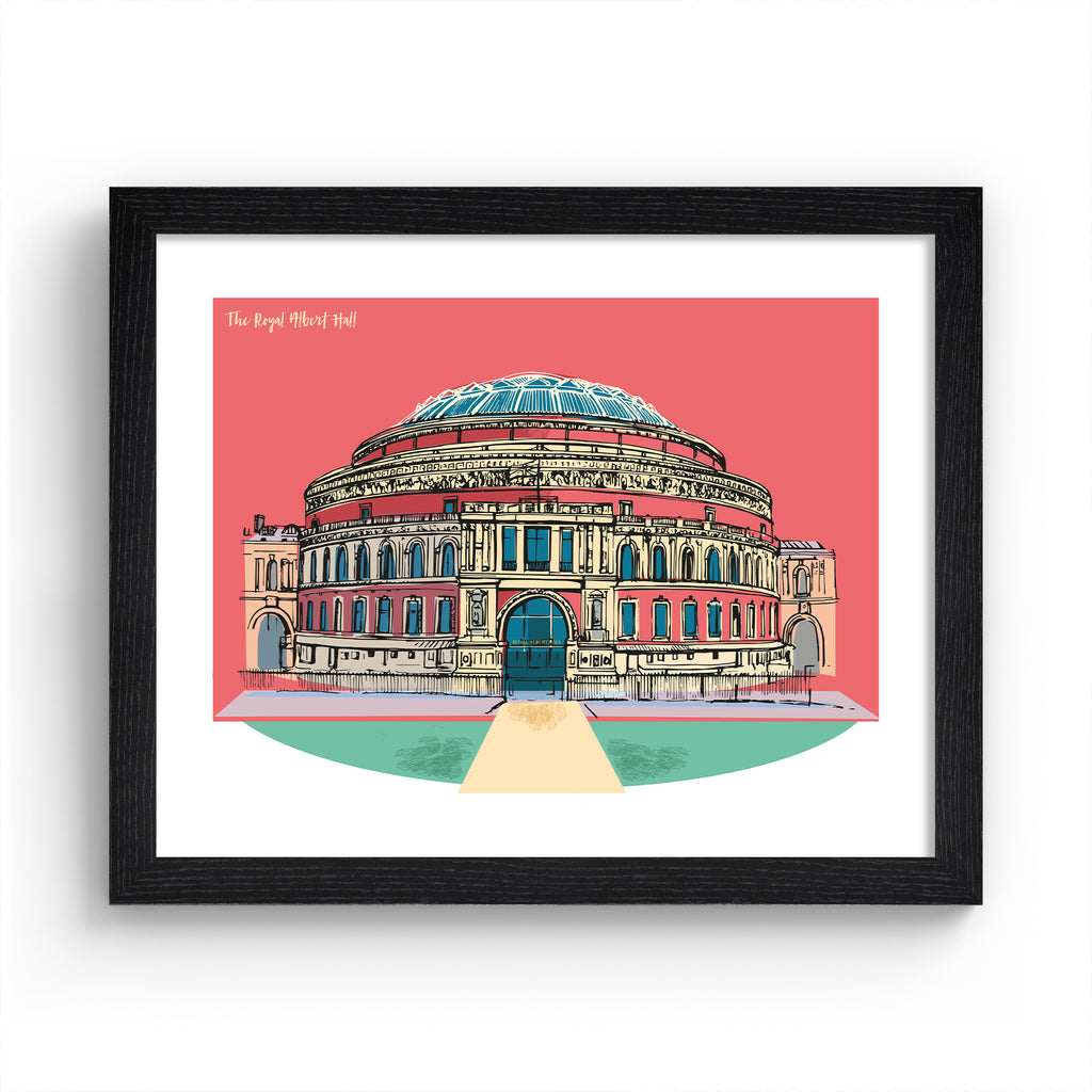 Vibrant travel art print featuring The Royal Albert Hall in London, in front of a bright pink background. Title in the top left reads ' The Royal Albert Hall'. Art print is in a black frame.