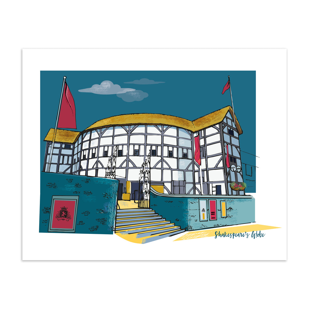 Colourful travel art print featuring Shakespeare's Globe in London, amidst a brilliant blue sky. Bottom right hand corner title reads 'Shakespeare's Globe'.