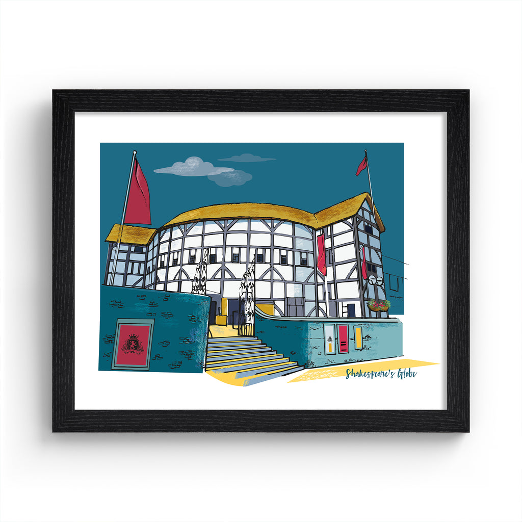 Colourful travel art print featuring Shakespeare's Globe in London, amidst a brilliant blue sky. Bottom right hand corner title reads 'Shakespeare's Globe'. Art print is in a black frame.