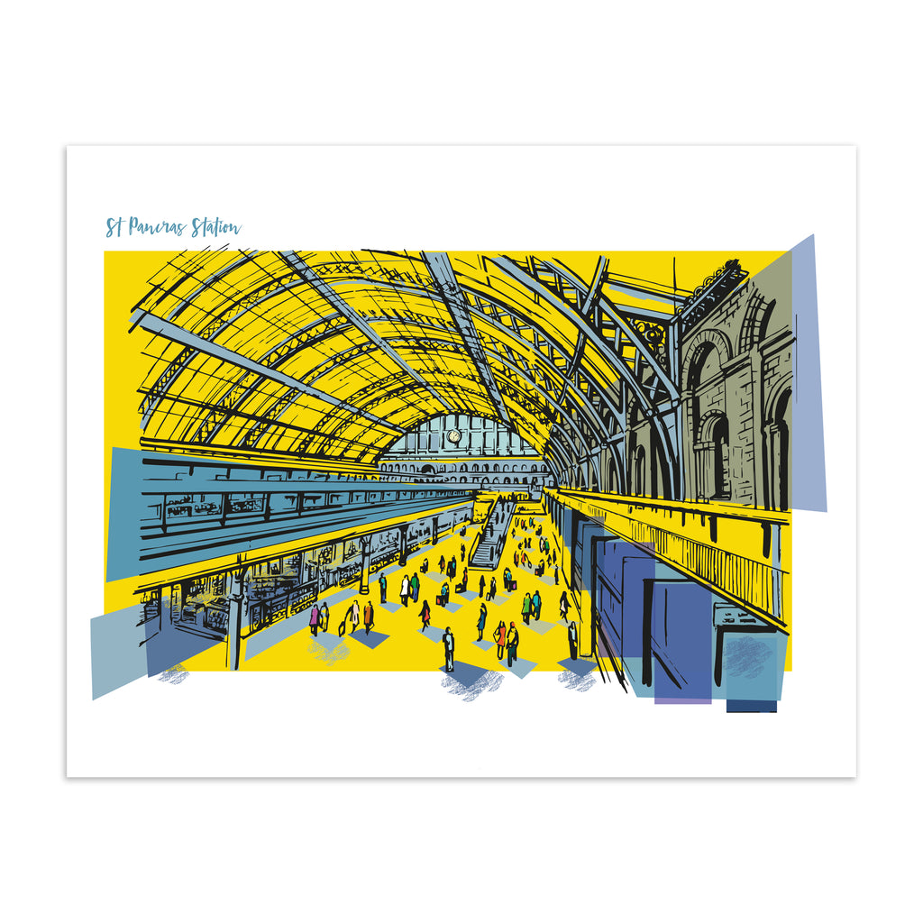 Striking travel art print featuring St Pancras Station in London, amidst a brightly coloured yellow background. Title in the top left reads 'St Pancras Station'.