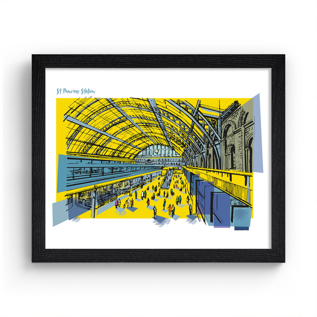 Striking travel art print featuring St Pancras Station in London, amidst a brightly coloured yellow background. Title in the top left reads 'St Pancras Station'. Art print is in a black frame.