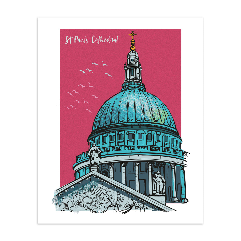 Vibrant travel art print featuring St Paul's Cathedral in London, amidst a bright pink background. Title in top left corner reads 'St Paul's Cathedral'. 