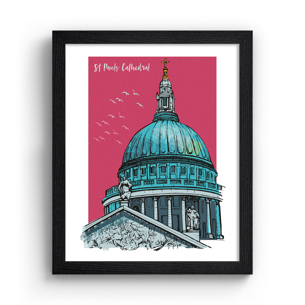 Vibrant travel art print featuring St Paul's Cathedral in London, amidst a bright pink background. Title in top left corner reads 'St Paul's Cathedral'.  Art print is in a black frame.