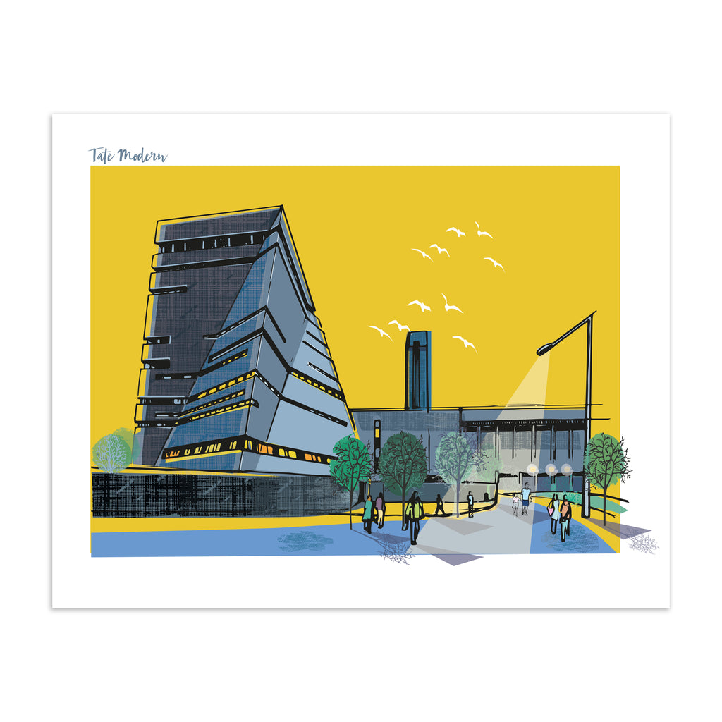 Colourful travel art print featuring a detailed illustration of the Tate Modern in London, in front of a vibrant yellow background. Title in the top left corner reads 'Tate Modern'.