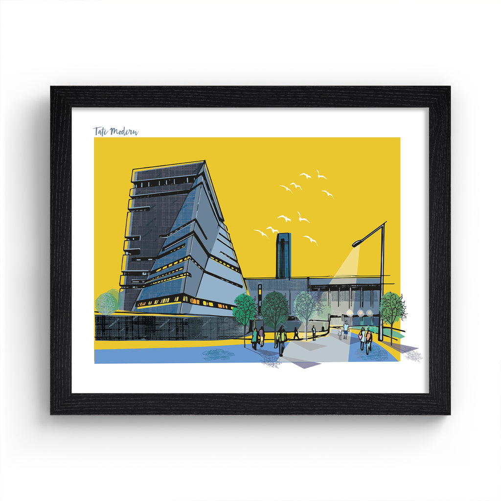 Colourful travel art print featuring a detailed illustration of the Tate Modern in London, in front of a vibrant yellow background. Title in the top left corner reads 'Tate Modern'. Art print is in a black frame.