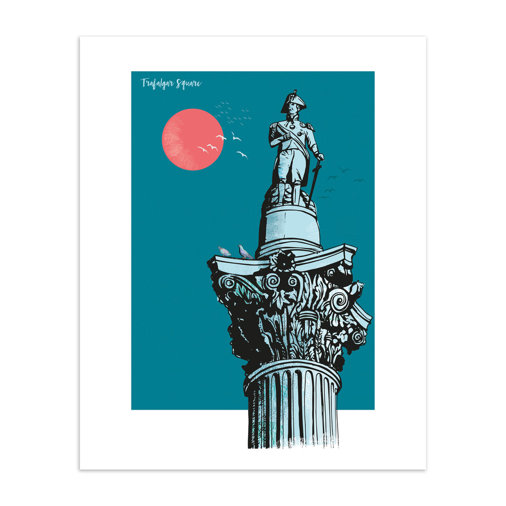 Vibrant travel art print featuring Trafalgar Square in London, in front of a brilliant blue sky and red sun. Title in the top left reads 'Trafalgar Square'.