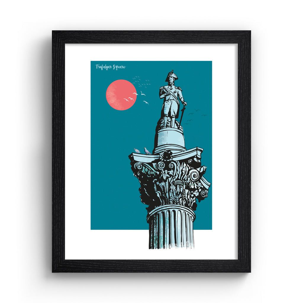 Vibrant travel art print featuring Trafalgar Square in London, in front of a brilliant blue sky and red sun. Title in the top left reads 'Trafalgar Square'.  Art print is in a black frame.