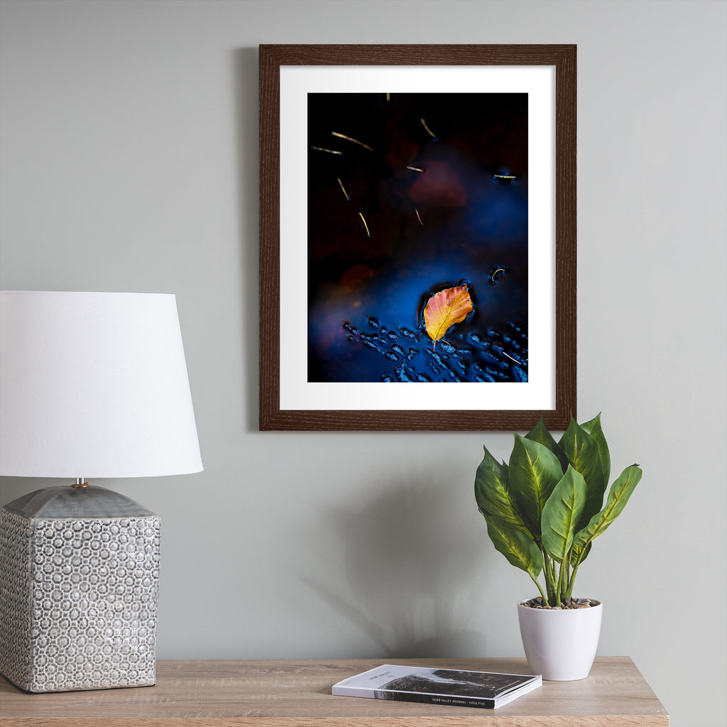 Photography art print featuring a fallen leaf floating on reflective water. Art print is hung up on a grey wall.