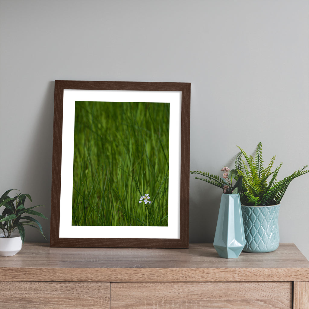 Beautiful photography art print featuring a vivid green field with a bright white flower nestled in the bottom corner. Art print is leaning against a grey wall.