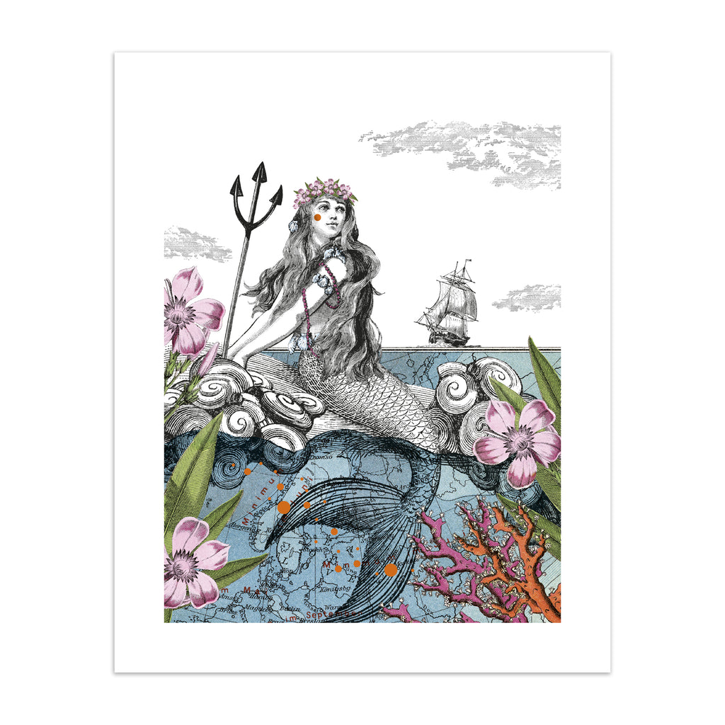 Emotive art print featuring a thoughtful mermaid basking in the shallows, surrounded by nature, with a ship sailing in the background.