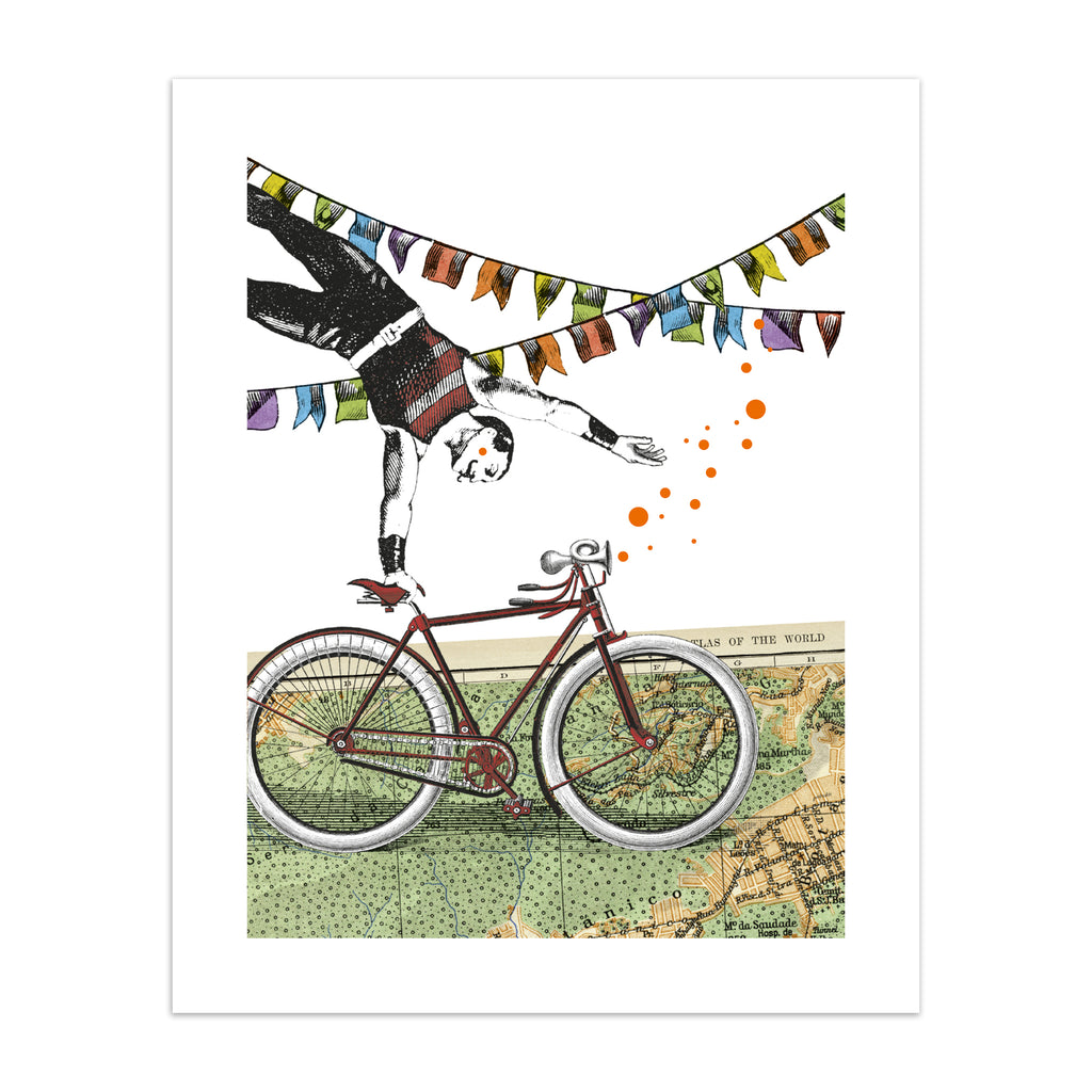  Eclectic art print featuring a man balancing off of a bicycle, perched on a map of the world.