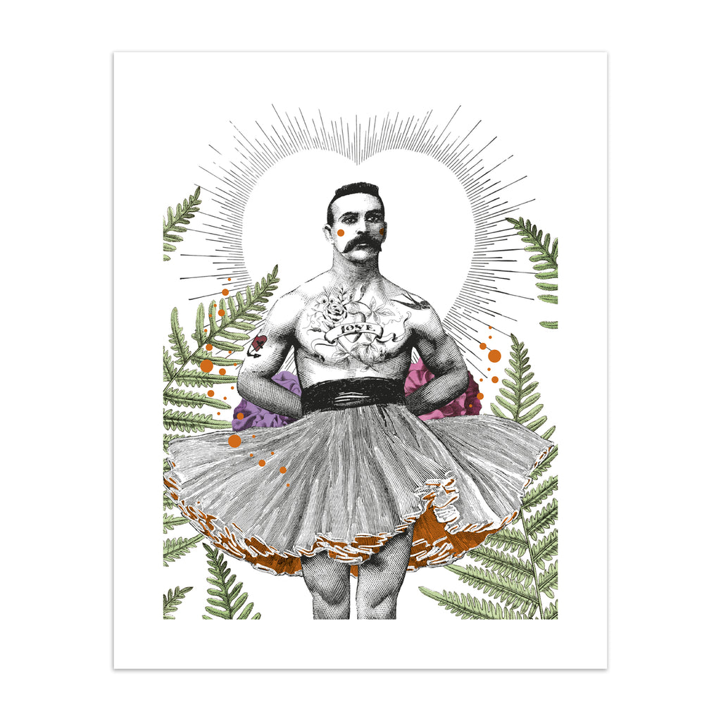 Elegant art print featuring a man standing in a tutu, framed by botanicals and a heart silhouette.