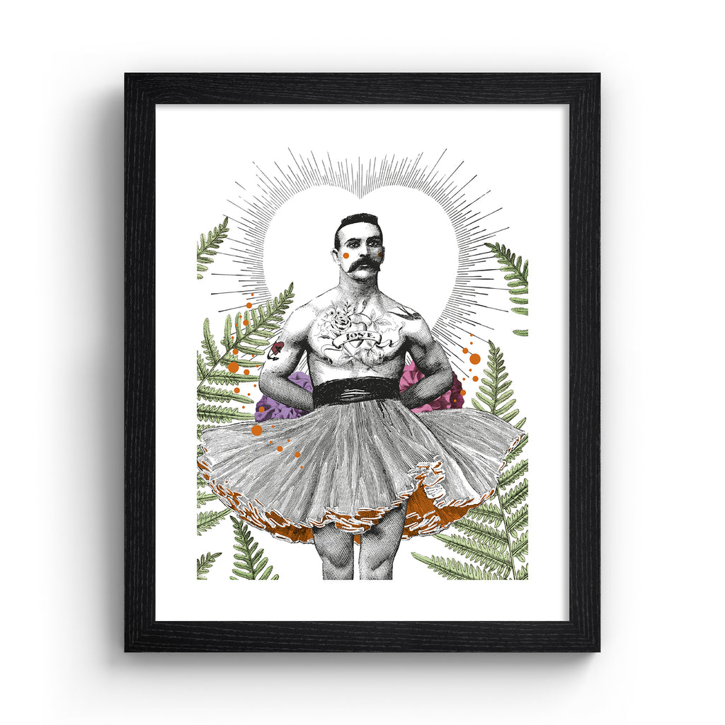 Elegant art print featuring a man standing in a tutu, framed by botanicals and a heart silhouette. Art print is in a black frame.