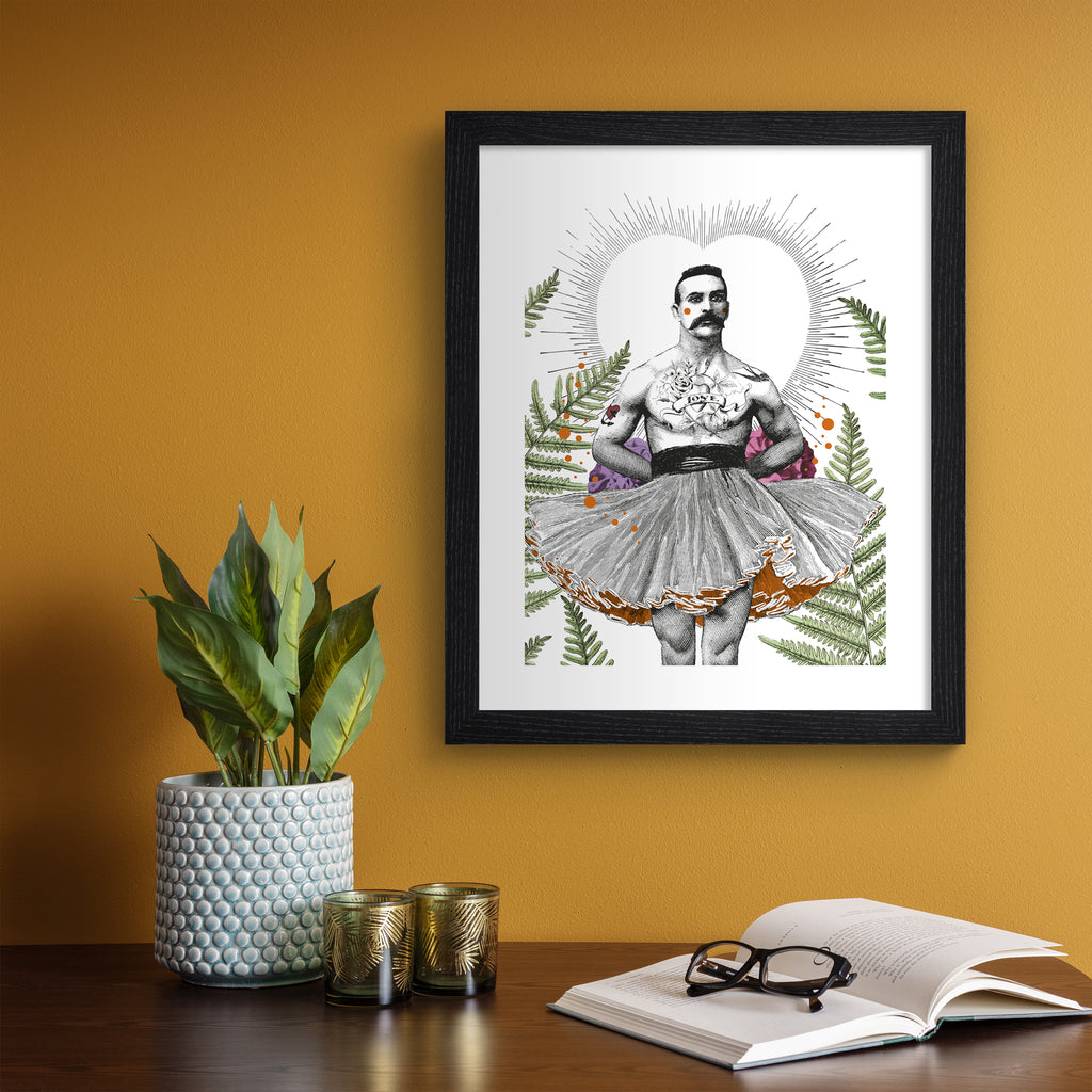 Elegant art print featuring a man standing in a tutu, framed by botanicals and a heart silhouette. Art print is hung up on an orange wall.