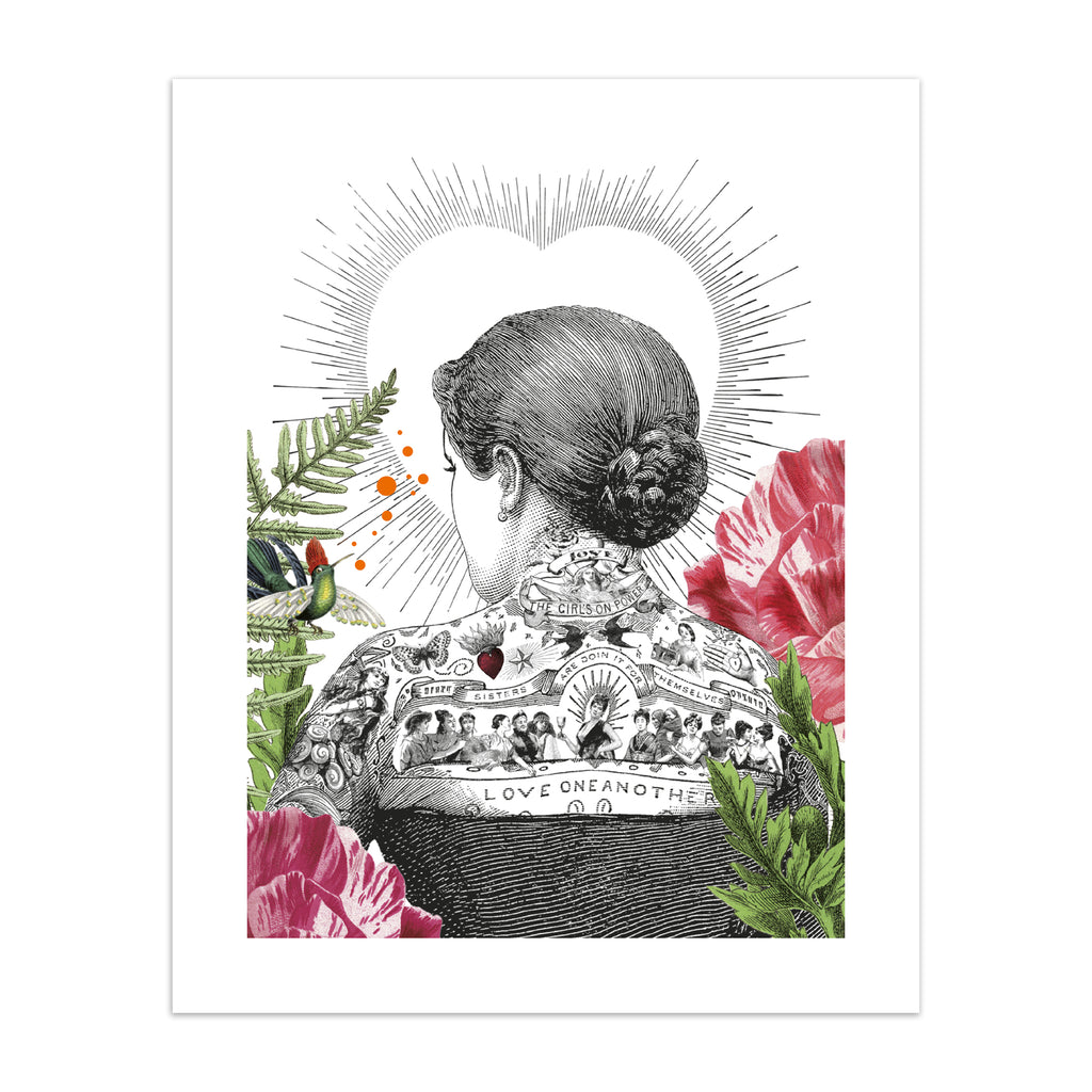Eclectic art print featuring the back of a tattooed woman, bordered by beautiful botanicals and the outline of a love heart.