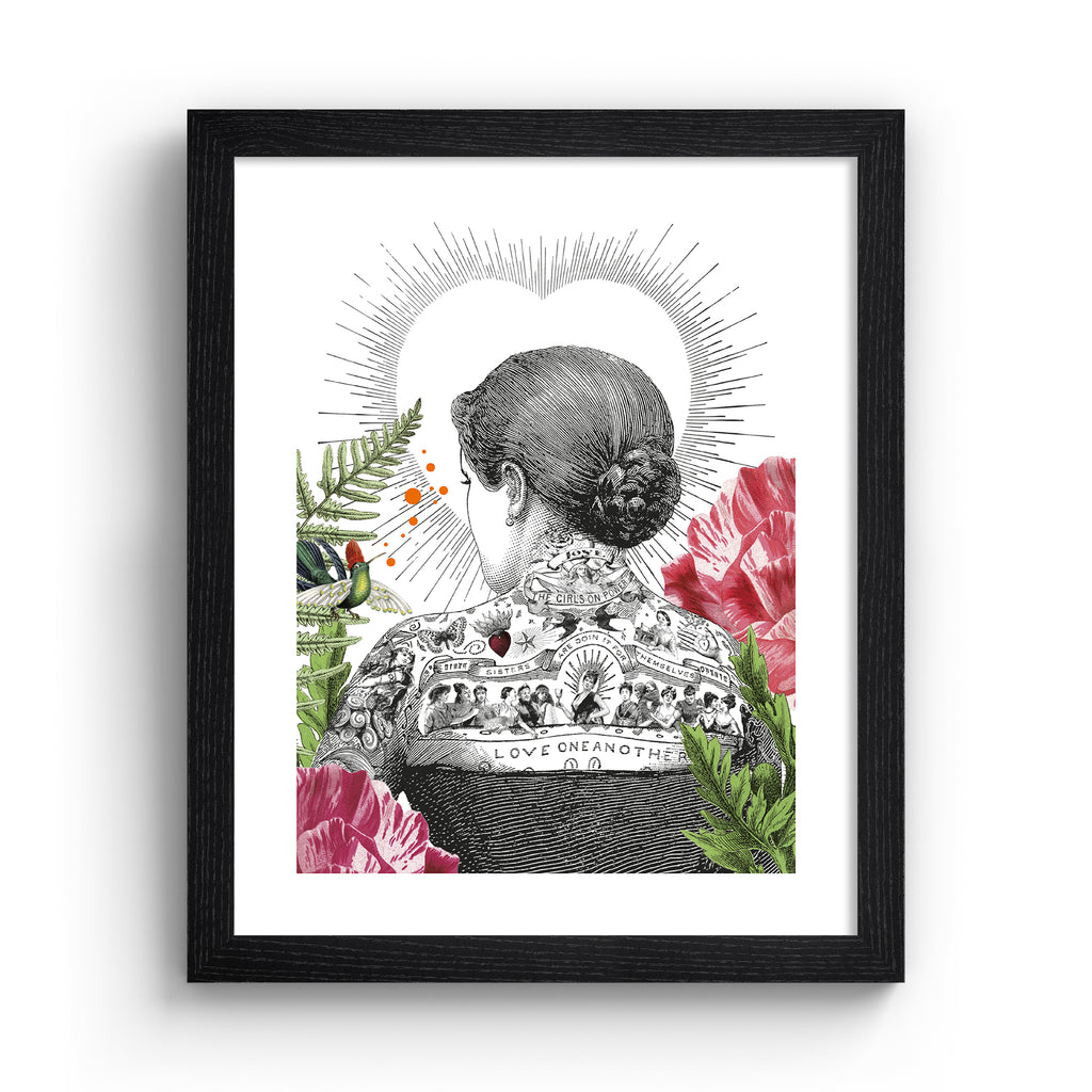 Eclectic art print featuring the back of a tattooed woman, bordered by beautiful botanicals and the outline of a love heart. Art print is in a black frame.