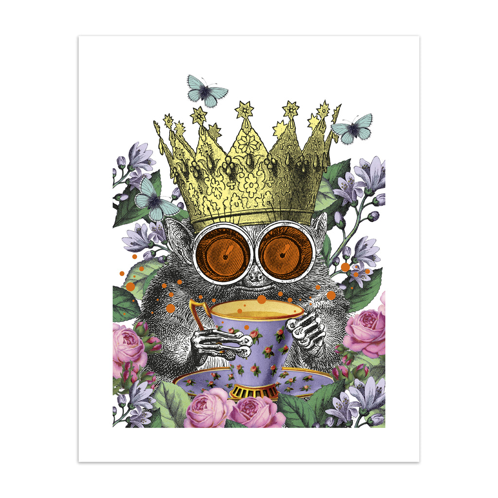 Vibrant illustration art print of a monkey surrounded by botanicals, wearing a crown and holding a cup of tea.