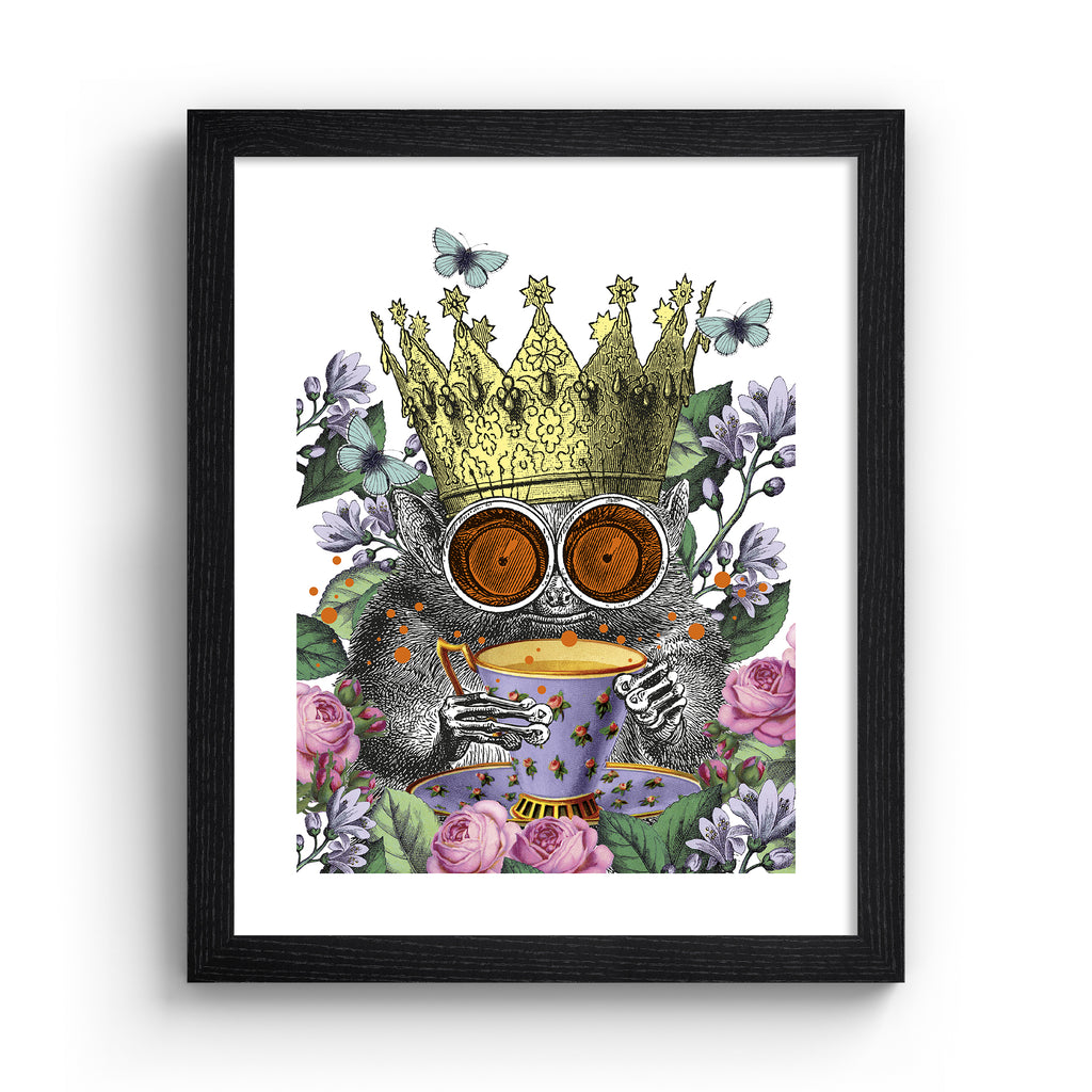 Vibrant illustration art print of a monkey surrounded by botanicals, wearing a crown and holding a cup of tea, in a black frame.