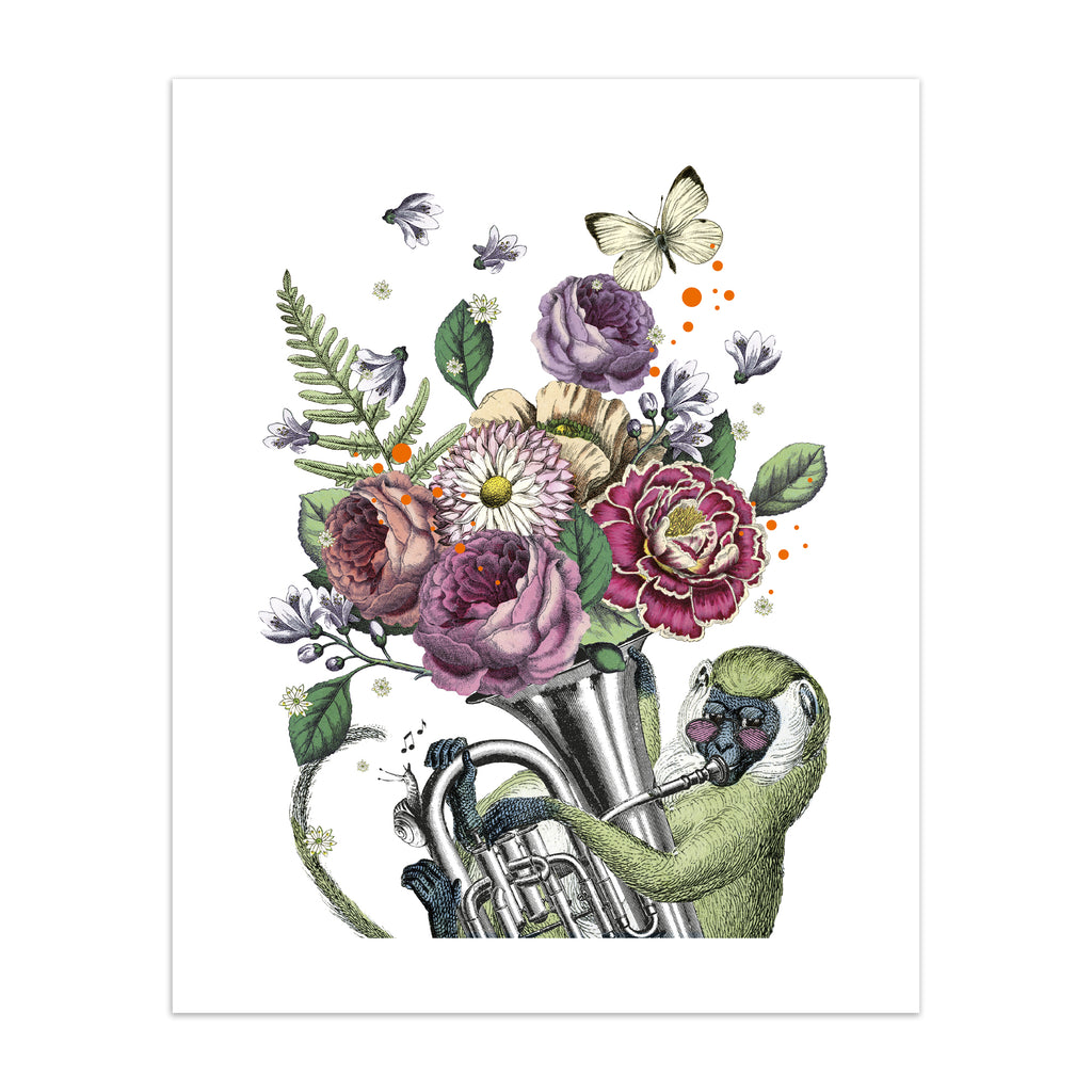 Eclectic art print featuring a monkey playing music with animals and botanicals blooming from the instrument.