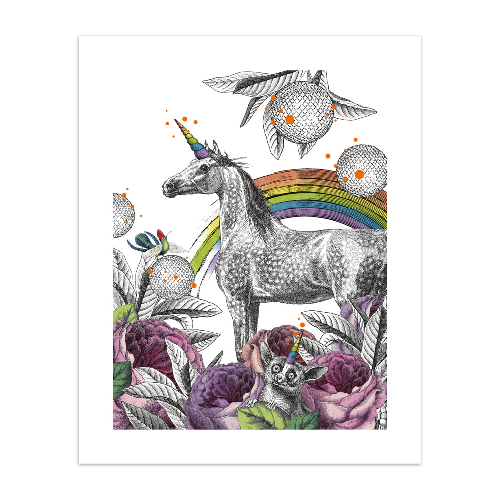 Eclectic art print featuring a unicorn standing amidst a beautiful nature scene. 