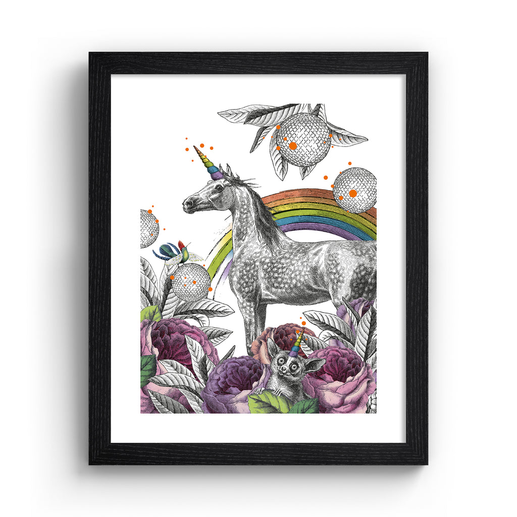 Eclectic art print featuring a unicorn standing amidst a beautiful nature scene. Art print is in a black frame.