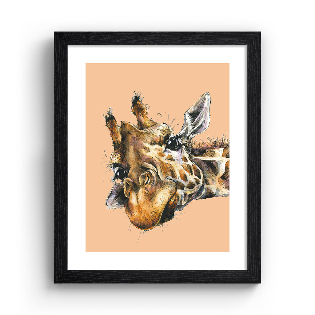Playful art print featuring a detailed illustration of a giraffe, peeking into the frame, in front of a peach background. Art print is in a black frame.