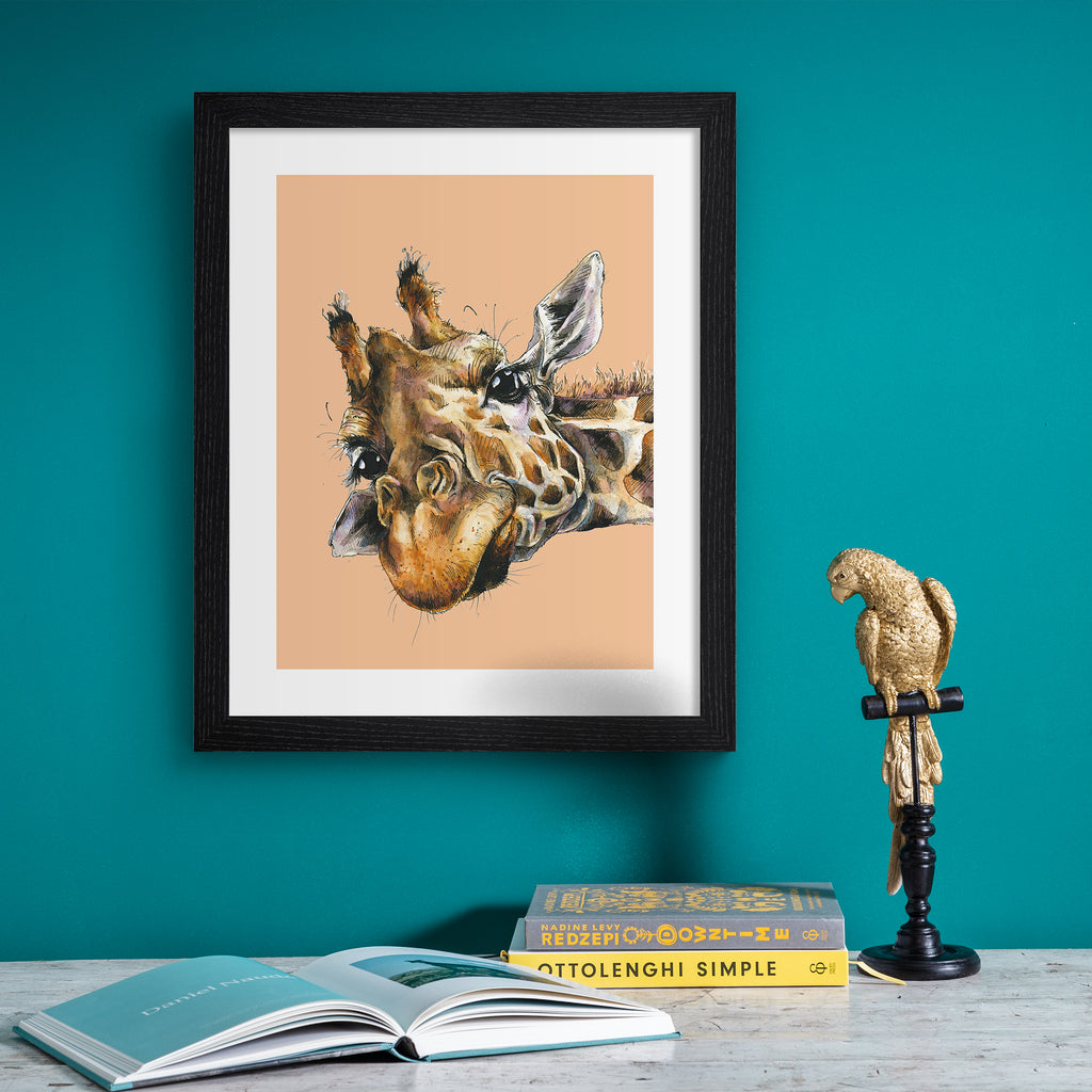 Playful art print featuring a detailed illustration of a giraffe, peeking into the frame, in front of a peach background. Art print is hung up on a neon blue wall.