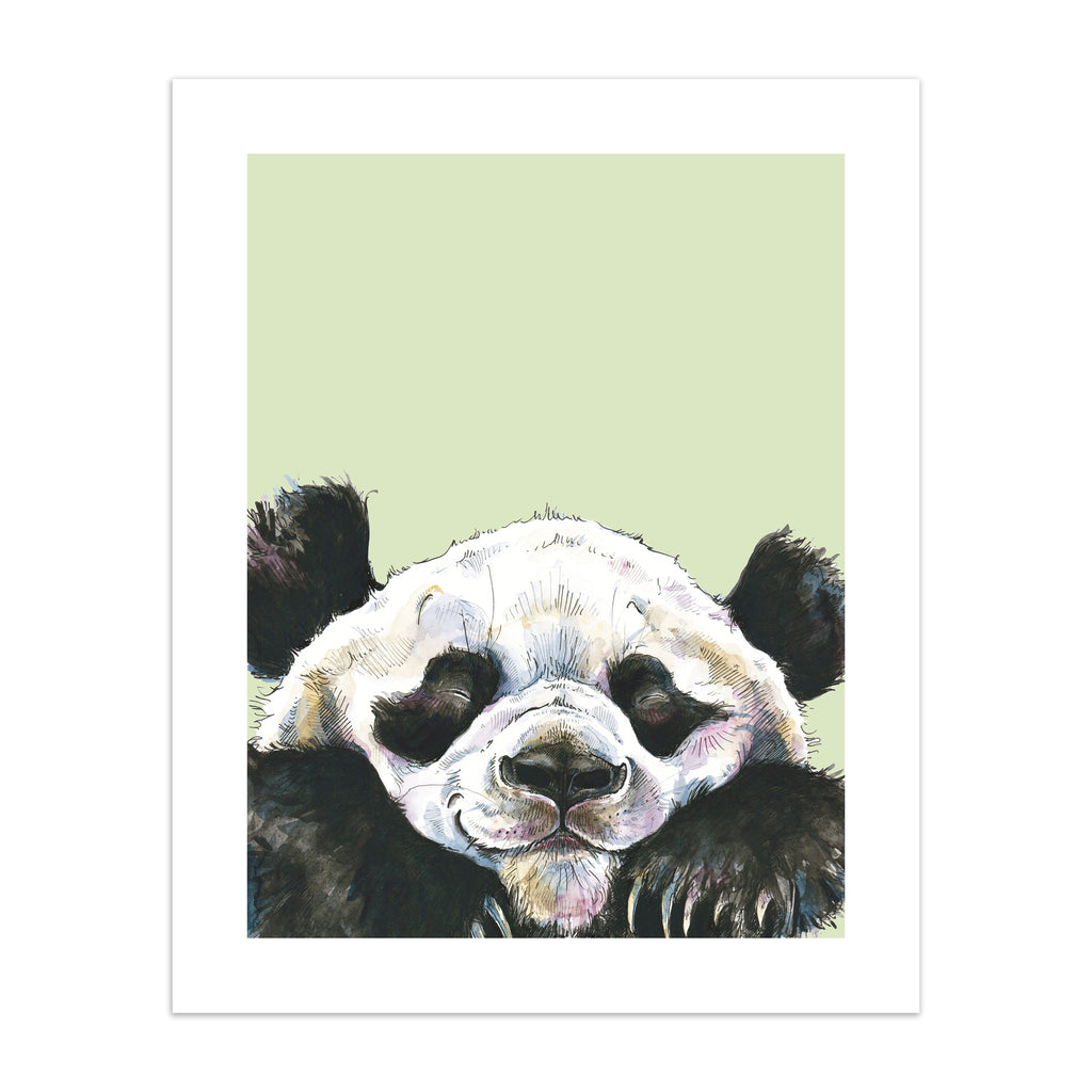 Playful animal art print featuring a happy panda popping into the frame, in front of a sage green background. 