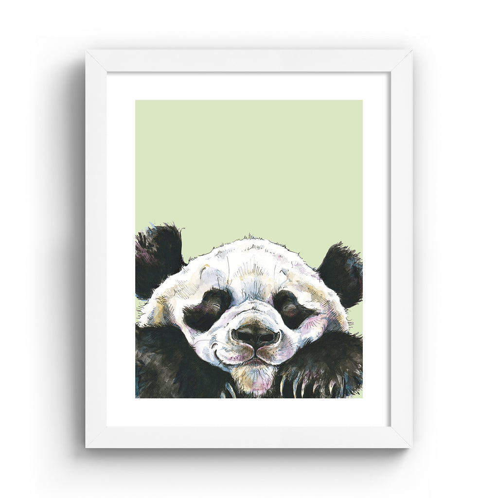Playful animal art print featuring a happy panda popping into the frame, in front of a sage green background, in a white frame.