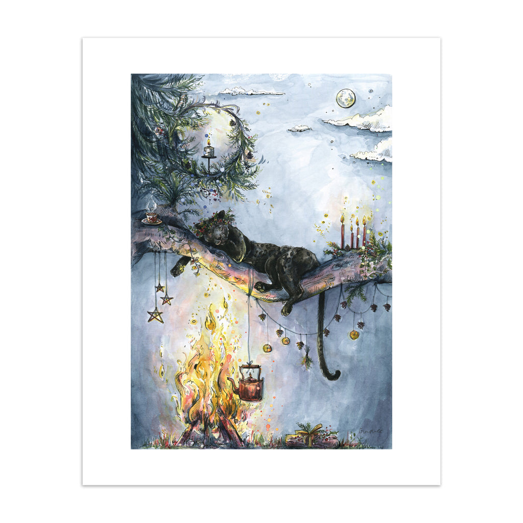 Cosy art print featuring a panther dozing peacefully on a branch, over a warm crackling fire.