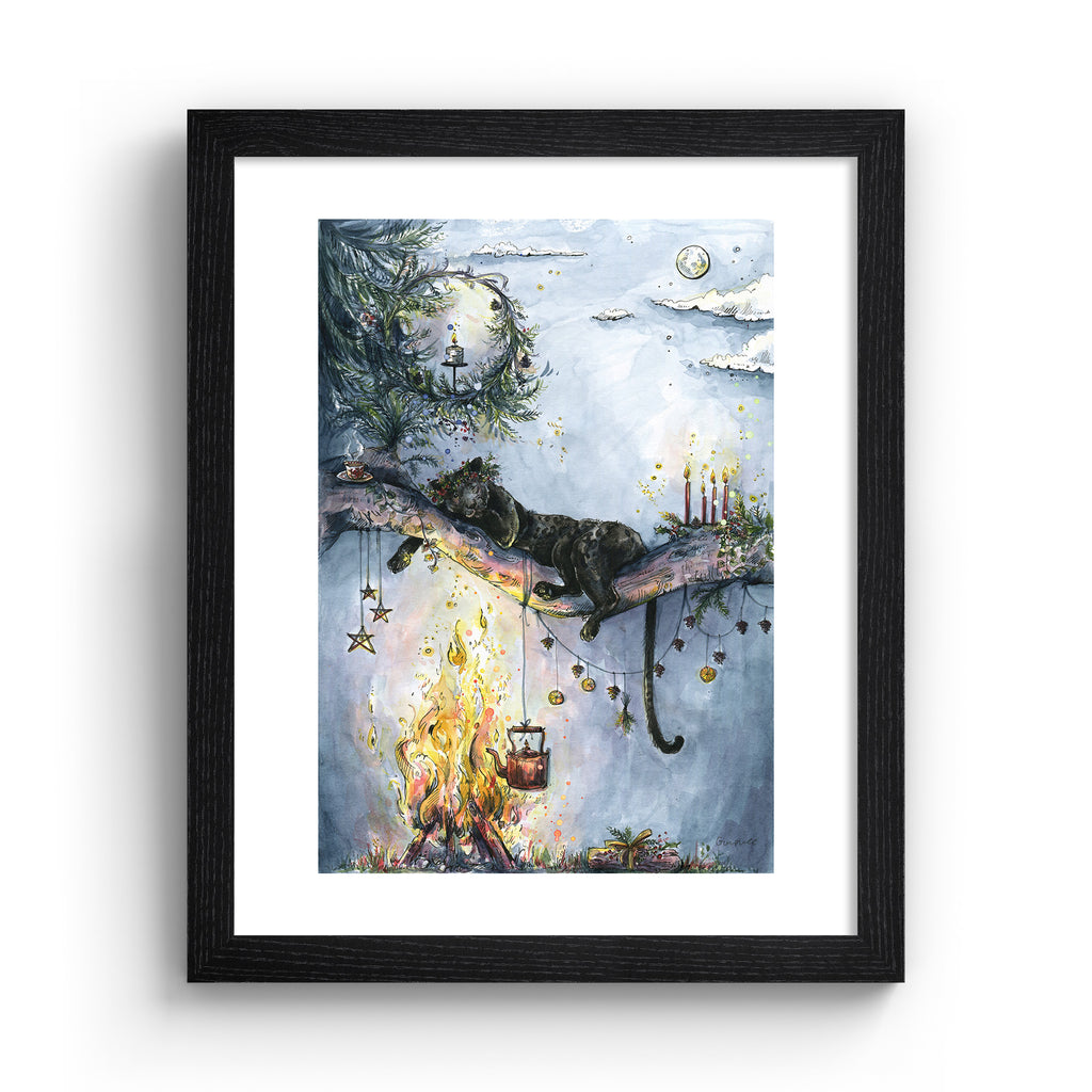 Cosy art print featuring a panther dozing peacefully on a branch, over a warm crackling fire. Art print is in a black frame.