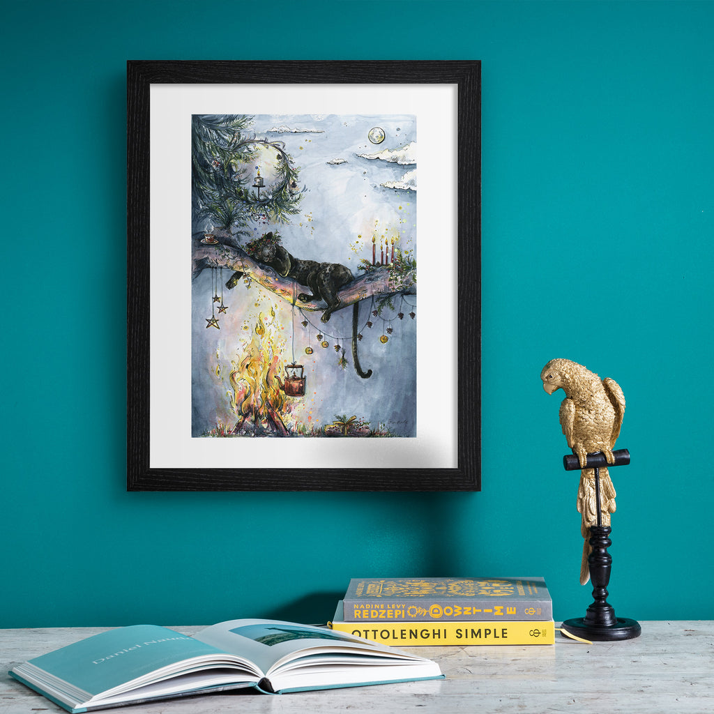 Cosy art print featuring a panther dozing peacefully on a branch, over a warm crackling fire. Art print is hung up on a neon blue wall.