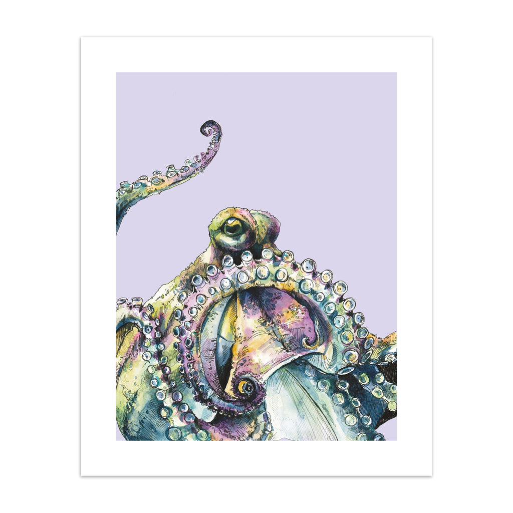 Playful art print featuring a curious octopus poking into the frame, in front of a pale purple background.
