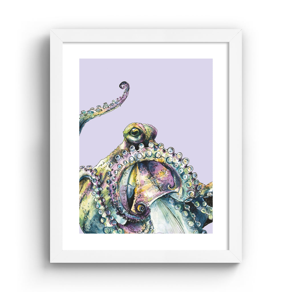 Playful art print featuring a curious octopus poking into the frame, in front of a pale purple background. Art print is in a white frame.