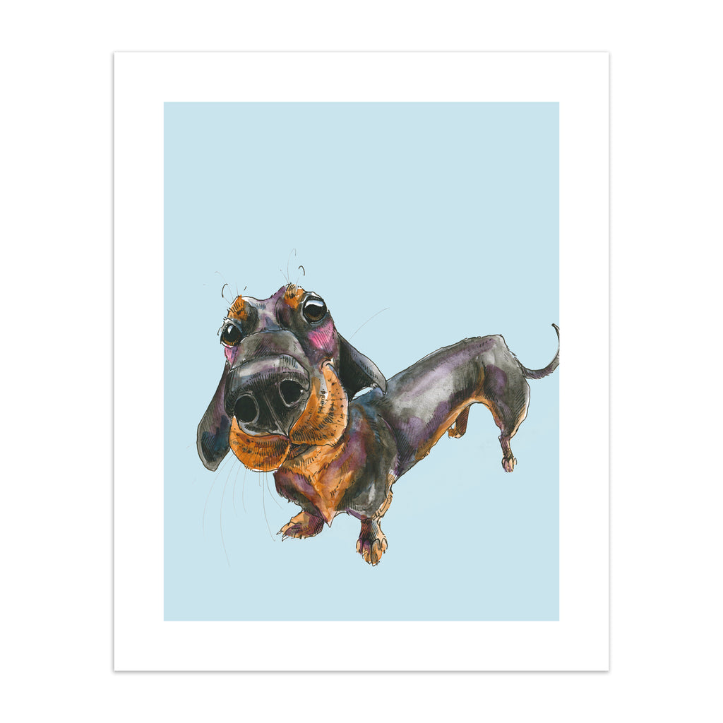 Playful art print featuring a curious dachshund dog, posing in front of a pale blue background.