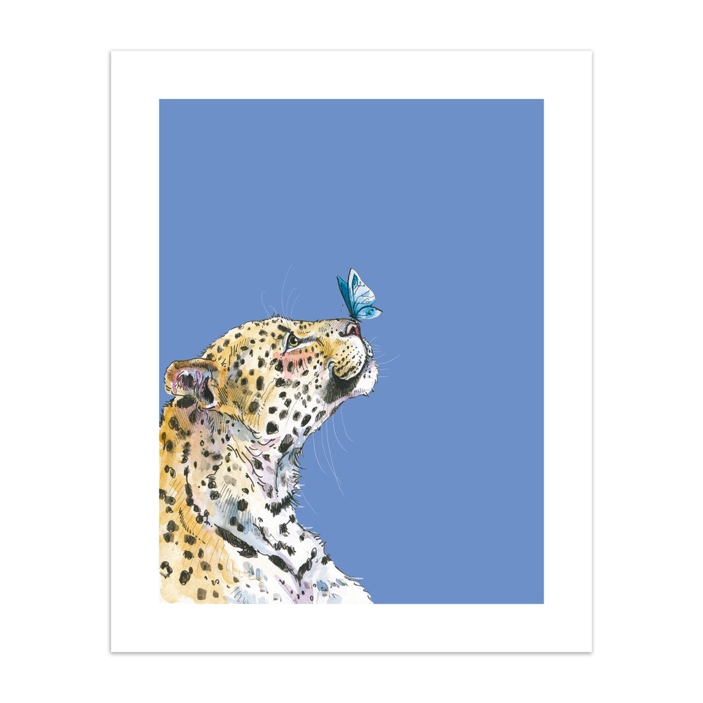 Animal art print featuring a cheetah gazing up at a butterfly on its nose, in front of a pastel blue background. 