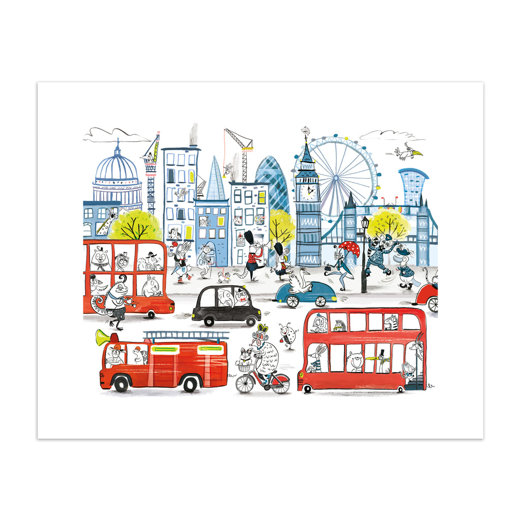 Colourful children's art print featuring playful animals exploring London's iconic landmarks.