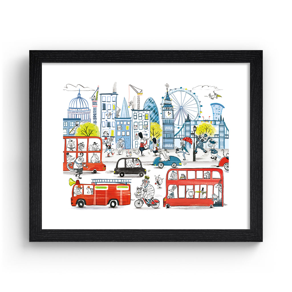 Colourful children's art print featuring playful animals exploring London's iconic landmarks. Art print is in a black frame.