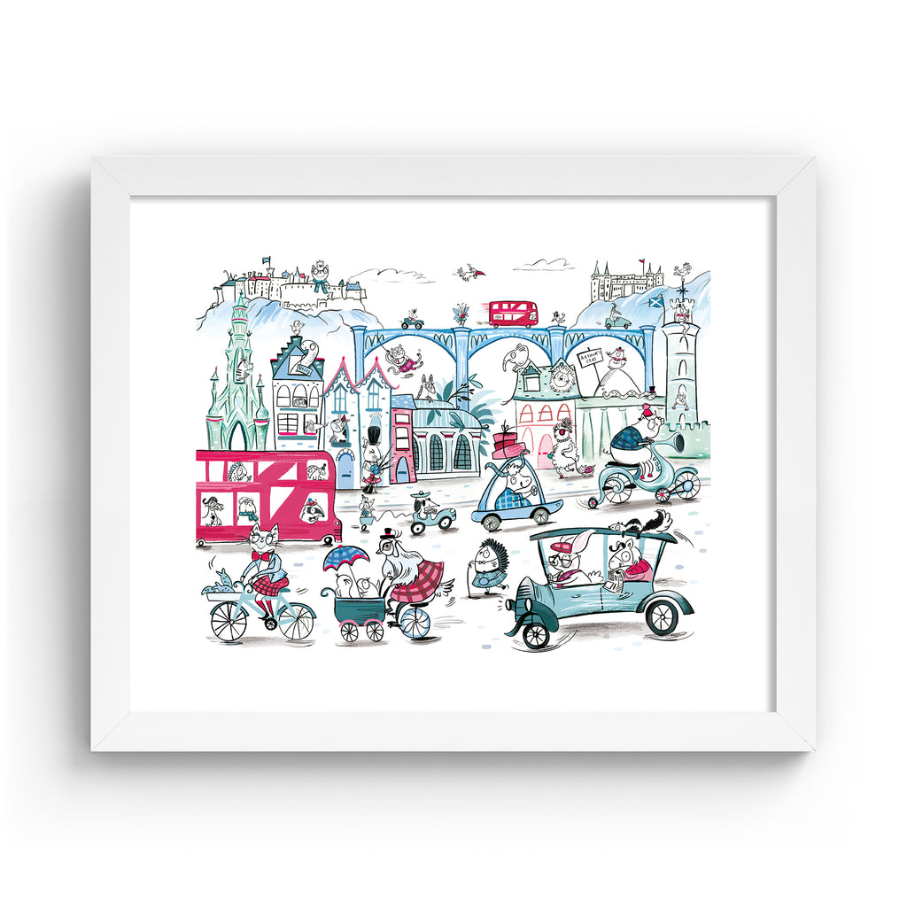 Colourful art print featuring playful animals exploring Edinburgh, in a white frame.