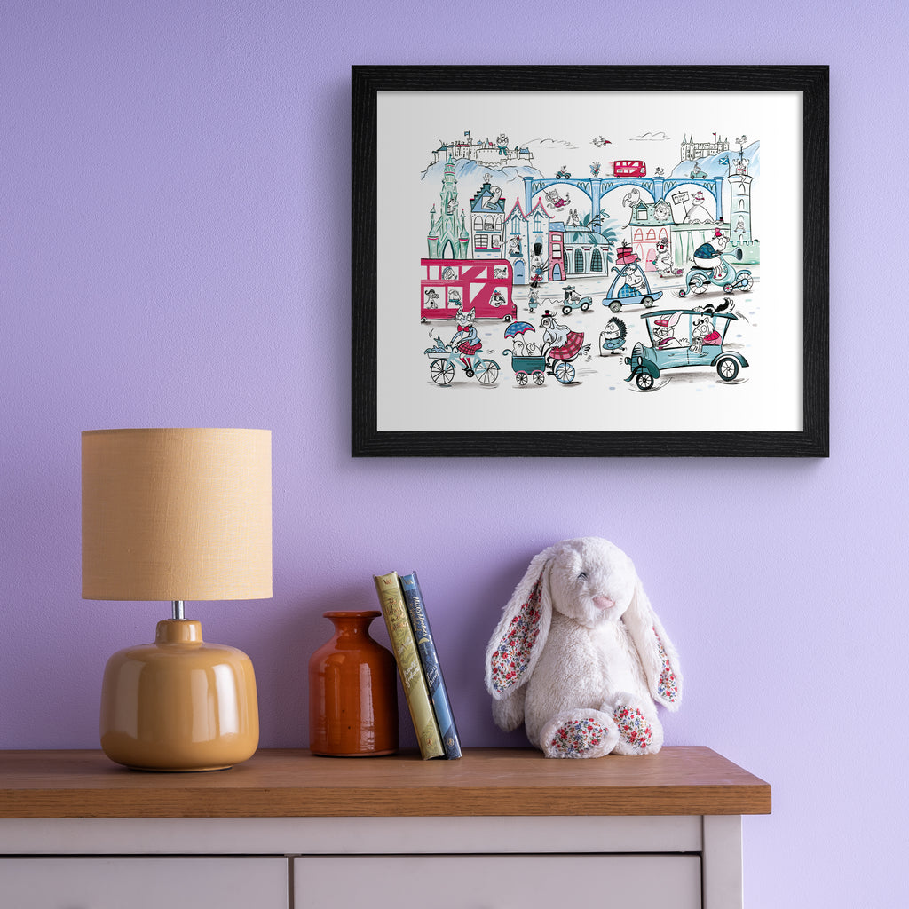 Colourful art print featuring playful animals exploring Edinburgh. Art print is hung up on a purple wall.