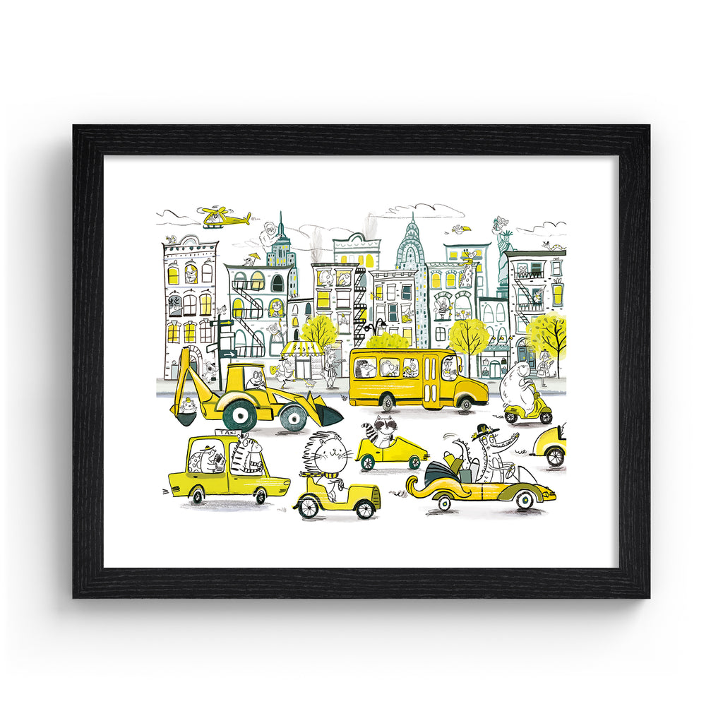 Colourful art print featuring playful animals exploring New York City. Art print is in a black frame.