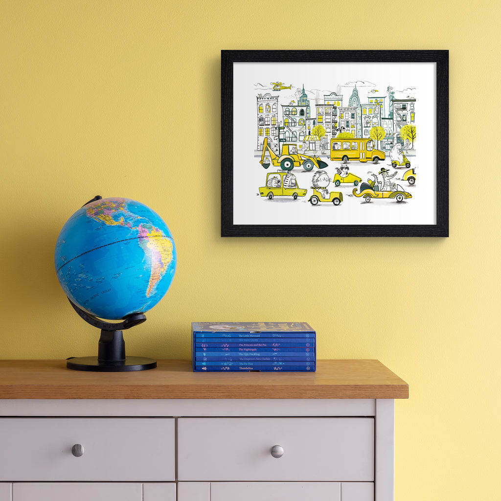 Colourful art print featuring playful animals exploring New York City. Art print is hung up on a yellow wall.